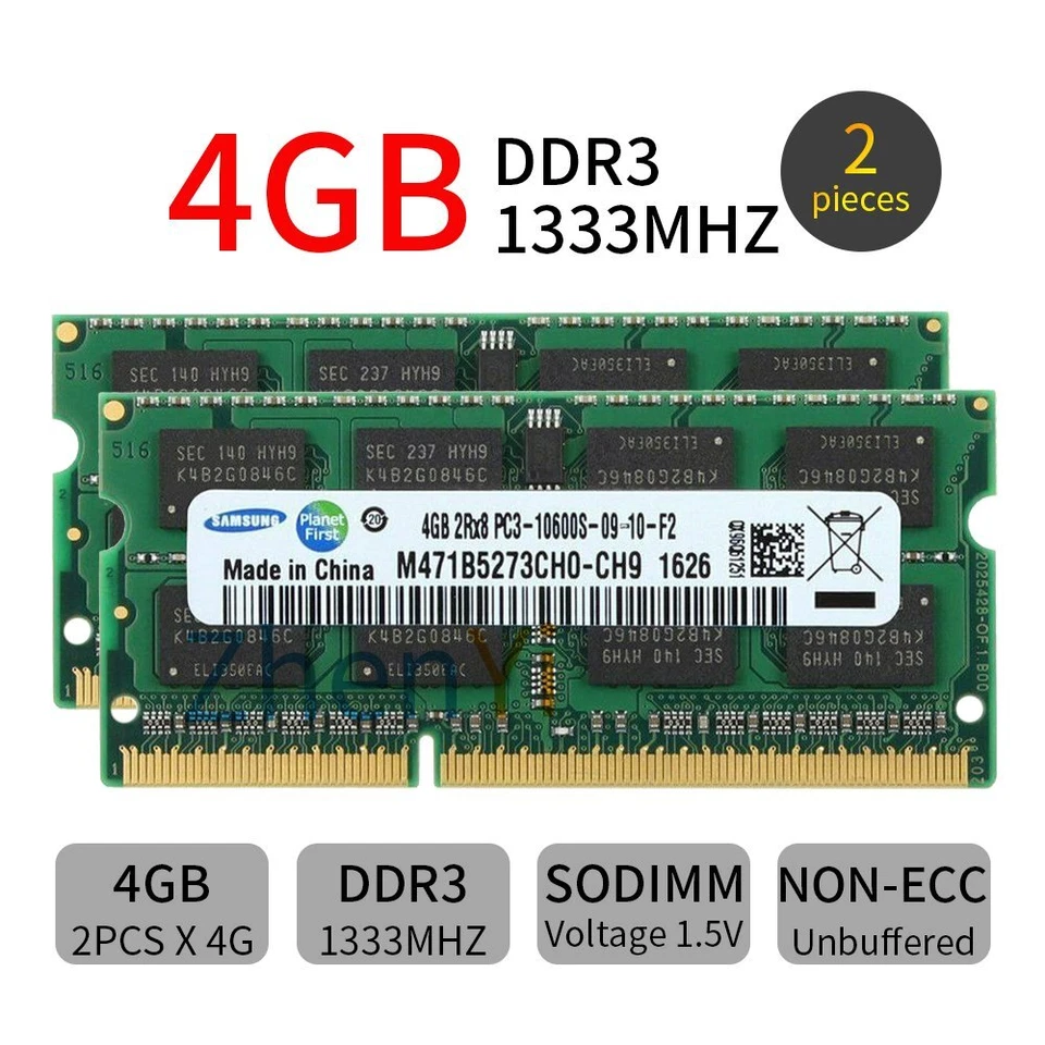 Pour Samsung 8Go 2 x 4GB / 2GB PC3-10600S DDR3 1333mhz SODIMM portable RAM FR - Photo 1/4