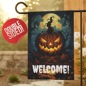 Halloween Welcome Garden Flag, Jack-o-lantern Carved Pumpkin Spooky Gift for Her - Picture 1 of 13