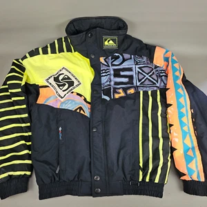 VTG Men's Quicksilver Internationale All Over Print Puffer Jacket Medium Neon - Picture 1 of 12