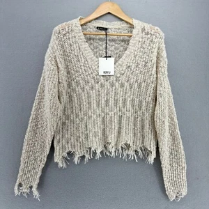 Very J Knit Crochet Sweater Ivory V-Neck Distressed Hem Sleeved SZ S Grunge NWT - Picture 1 of 7