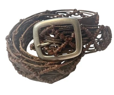 Fossil Leather Belt Womens Large Brown Open Weave Waist Silver Buckle Boho - Image 1 of 4