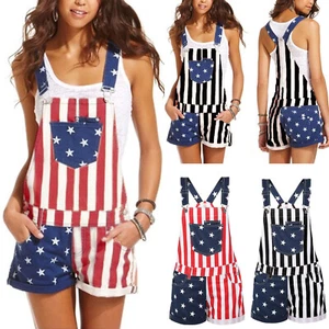 Women America Flag Print Strap Pants Denim Shorts Bib Jumpsuit Dungaree Overalls - Picture 1 of 17