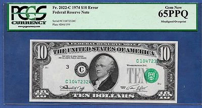 🇺🇸 1974 $10  ERROR  ♚♚ MISALIGNED OVERPRINT ♚♚  PCCGS GEM NEW 65 PPQ - Image 1 of 4