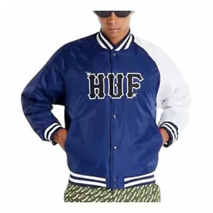HUF Varsity Bomber Baseball Jacket Men's SMALL Navy White Big Logo Streetwear - Picture 1 of 24