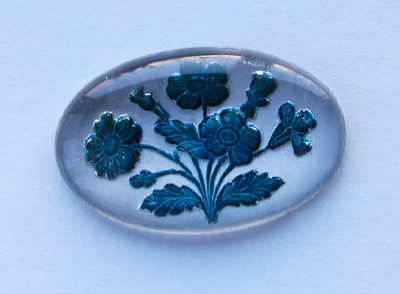 VINTAGE INTAGLIO GLASS BIG LARGE FLORAL FLOWER OVAL  27x40mm • RED, YELLOW, BLUE - Image 1 of 2