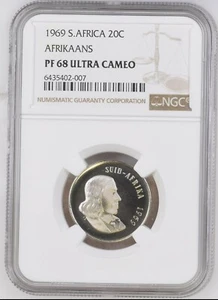 1969 South Africa 20 cent NGC PF 68 Ultra Cameo Afrikaans Legend - Picture 1 of 2