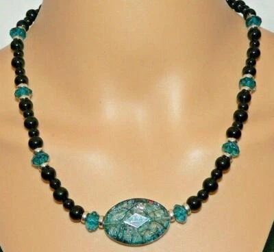 Einzelstück Halskette großer Eycatcher Krakelee 30x30mm petrol schwarz 222d - Bild 1 von 4