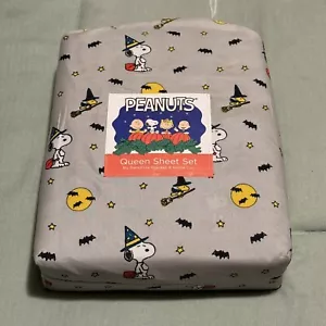 PEANUTS Queen Gray BED SHEETS SET BERKSHIRE HALLOWEEN WIZARD Snoopy & Woodstock - Picture 1 of 2