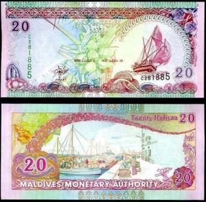 MALEDIVEN INSELN 20 RUFIYAA 2000 UNC KOKOSNÜSSE UND (DHIVEHI ODI) ZEIGEN EIN SALZBOOT - Bild 1 von 1