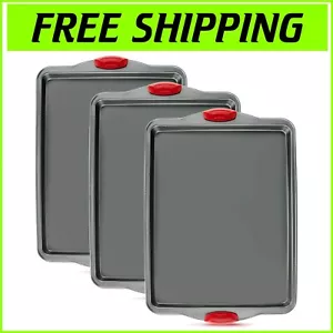 Oven-Safe Nonstick Baking Sheet Set with Red Silicone Handles – 3-Piece Bundle - Picture 1 of 11
