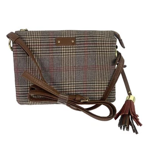 Cartera Bandolera Time & Tru Marrón Rojo Borla a Cuadros Bolsillo con Cremallera 7x9 Preppy Chic - Imagen 1 de 8