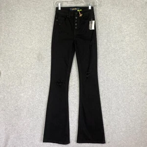 Indigo Rein Jeans Womens 0 Black Distressed Button Fly High Rise Flare Denim NWT - Picture 1 of 23