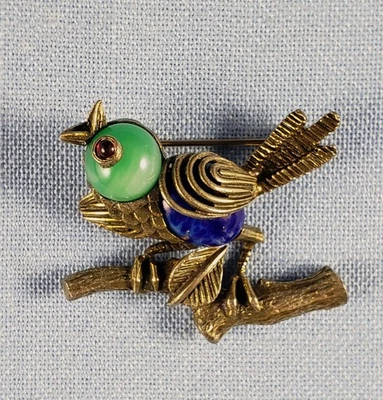 Vintage Hattie Carnegie green blue singing bird pin brooch signed rare - Image 1 of 4