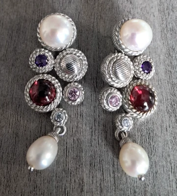 Judith Ripka Sterling Silver Pearl Amethyst Garnet Cubic Zirconia Drop Earrings - Image 1 of 2