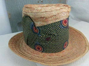 Vtg Boater Skimmer Woven Straw Pleated Polka Dot Print Band Tall Fedora Hat M - Picture 1 of 14