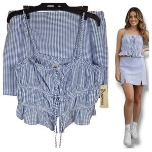 Conjunto de Top y Falda No Boundaries Talla L Correas de Espagueti Seersucker Azul Cuadros - Imagen 1 de 12