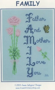 Susan Saltzgiver Designs "Padre y madre te amo" tabla de puntada en X - Imagen 1 de 1