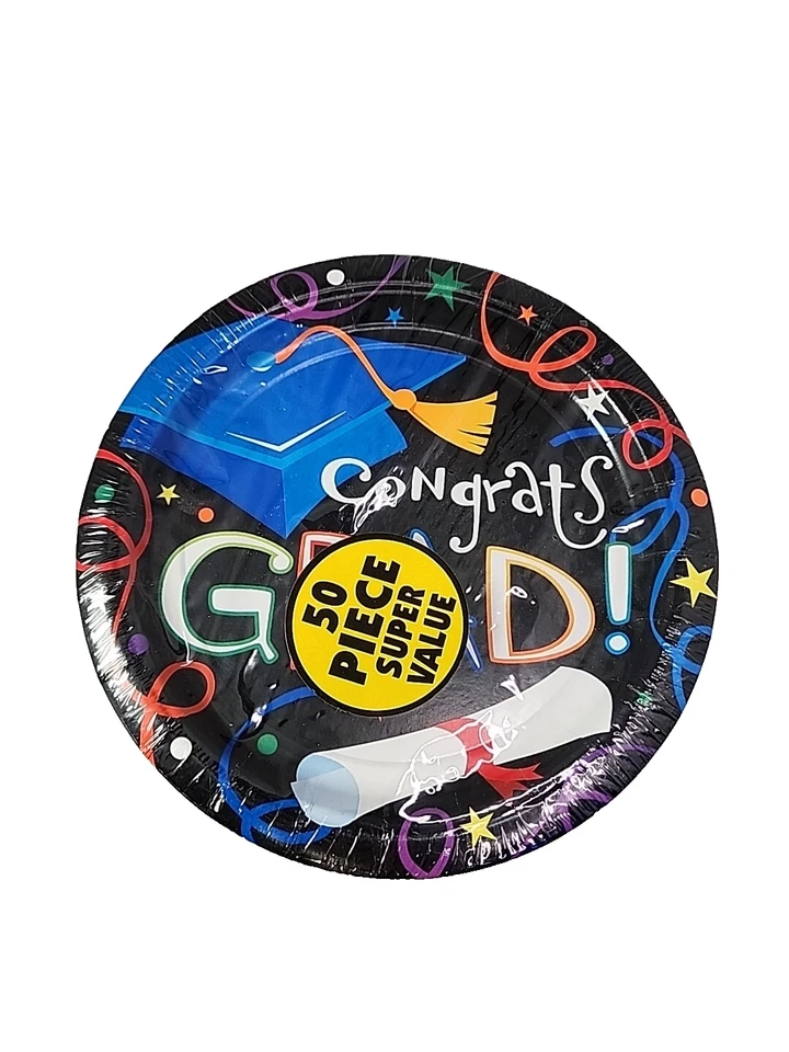 ¡Felicidades Grad! Platos de postre de graduación de papel 50 quilates colorido redondo de 7 pulgadas Foto 1 de 3