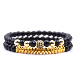 Couple Bracelets Micro Pave Zircon 6mm Bright Black Gemstone Beads Bracelets Set - Picture 1 of 9