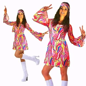 60s 70s Fancy Dress Costume Flower Power Hippie Hippy Retro GoGo - All Sizes - Picture 1 of 11