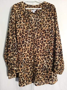 Charter Club-Black Brown Tan Cheetah Animal Print Long Sleeve Button Top-3X - Picture 1 of 5