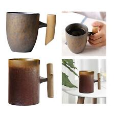 2Pcs Japanese Style Ceramic Coffee Mugs Wood Handle Rust Glaze Drink Cups