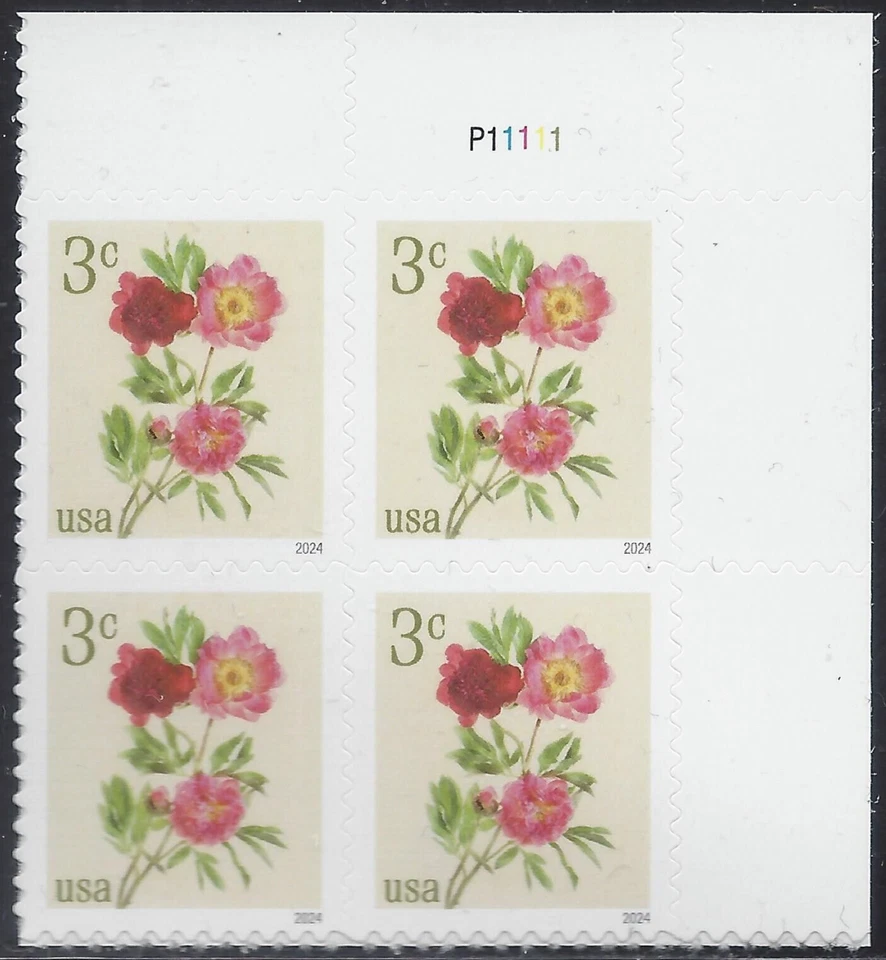 US 2024 Stamps 3 cent Peonies Scott #5899 plt blk UR - Image 1 of 1