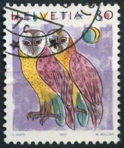 Switzerland 1990 SG#1195, 80c Barn Owls, Animals Definitive Used #E20281 - Picture 1 of 1