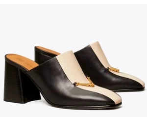 TORY BURCH EQUESTRIAN LINK MULE 80MM PUMP LEATHER BLACK/DULCE DE LECHE SZ US 8 - Picture 1 of 12