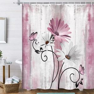 Rustic Farmhouse Shower Curtain, Farm Pink Daisy Floral Flowers and Butterfly... - Picture 1 of 8