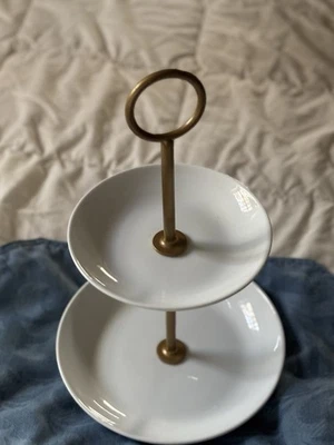 Threshold Porcelain Two-Tier Serving Stand W/Brass Hardware  - Image 1 of 4