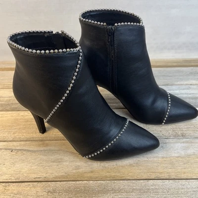 Botines al Tobillo Cuero Negro Plateado Tachonado 3.5" Tacón de Aguja Sexy Gótico Talla 8M Foto 1 de 4