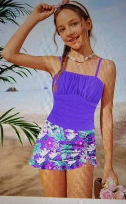 NUEVO ADIRUN Niñas 2 Piezas Tankini Traje de Baño Plisado con Volantes Falda Talla 11-12Y Foto 1 de 4