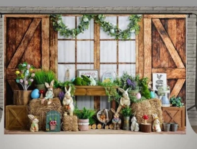 Kate Backdrops-Happy Easter Farm Rabbit Decor photography backdrops 10 X7ft New - Image 1 of 3