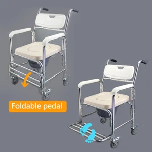 Mobile Shower Toilet Commode Wheelchair Aluminum Footrest Bathroom Beside New - Picture 1 of 11