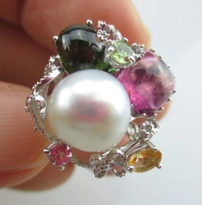 ANILLO ÚNICO DE CUARZO TURMALINA ROSA Y VERDE PERLA 14K WG 11 MM ¡PESADO! Foto 1 de 4