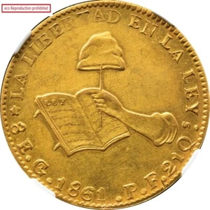Mexican Liberty Hat, Hand and Book 8 Escudo Gold Coin 1861 50GO PF KM383.7 NGC - Picture 1 of 3