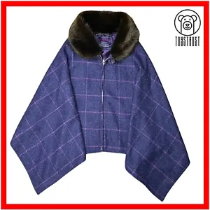 Rydale Wool Tweed Poncho Shawl Cloak Coat w Faux Fur Purple Collar Country RY2 - Picture 1 of 12