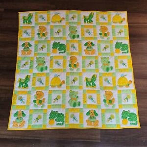 Vintage 70s Baby Quilt Blanket Comforter Orange Yellow Green Turtle Cat Bear Dog