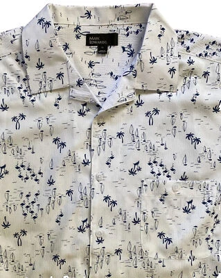 Palm Tree Sailboats Flamingos Navy Print Button Up Shirt Mens Sz XL Marc Edwards - Image 1 of 4