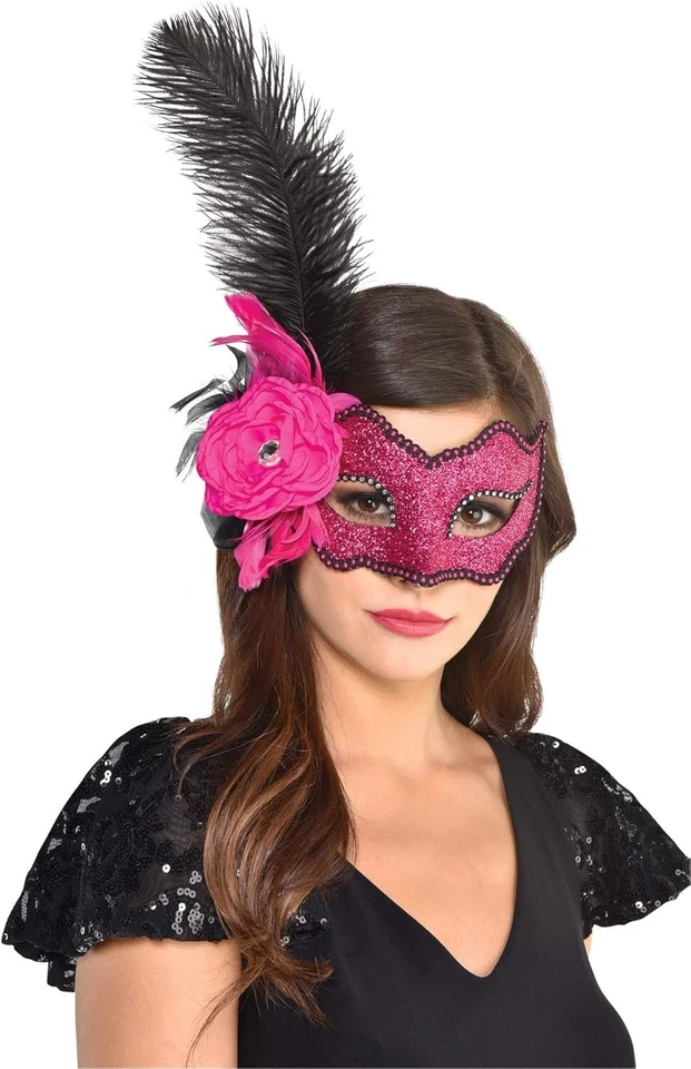 Case of 6 NEW Costume Masquerade Mask Masks Pink Glitter Lace Feathers Dance - Image 1 of 1