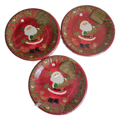 Prato de papel Hallmark Papai Noel vermelho 7" Natal 3 pacote vintage com 8 sobremesas - Imagem 1 de 3