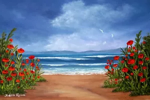 Original Painting "Poppies on the Seashore" 12x9" on Canvas Board by Judith Rowe - Picture 1 of 1