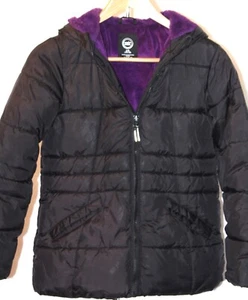 Wonder Nation Black Puffer Coat Girl Size L (10-12)Purple Lining 100% Polyester - Picture 1 of 5