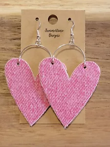 Orecchini cuore denim rosa con retro in VERA PELLE 3,5" - Foto 1 di 1