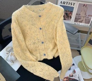 Womens Spring Fashion Round Collar Long Sleeve Loose Kniting Sweaters Cardigan - Picture 1 of 13