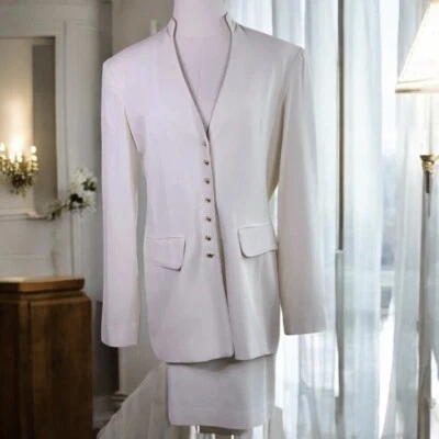 Vtg 90s Dorothy Schoelen Platinum Skirt Suit Ivory Gold Jacket Set Womens 12 - Image 1 of 4