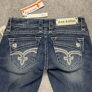 Rock Revival Jeans Johanna Skinny Low Rise Embroidered Blue Sz 27, 30x31 NWT New - Picture 1 of 24