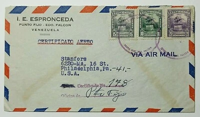 Venezuela 1948 Correo Aéreo Registrado Punto Fijo a la Ciudad de Nueva York  Foto 1 de 2