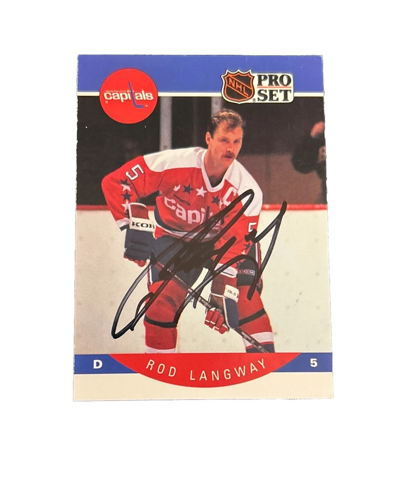 1990 Pro Set Rod Langway on card autographed NHL HOF - Image 1 of 2